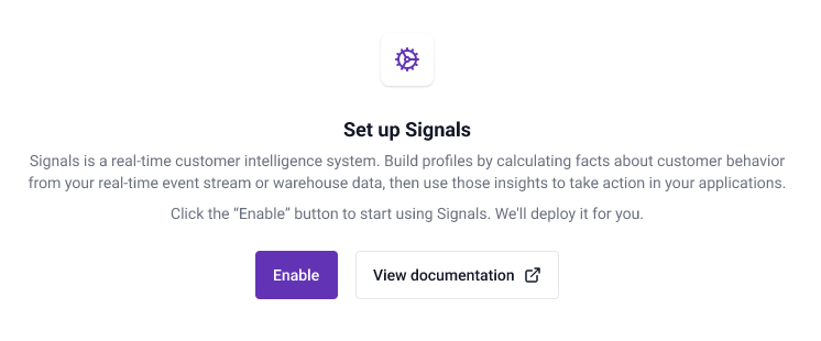 Snowplow Console Signals section showing Enable button to set up connection