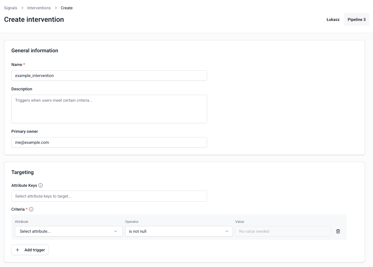 Create intervention form with name, description, and owner fields