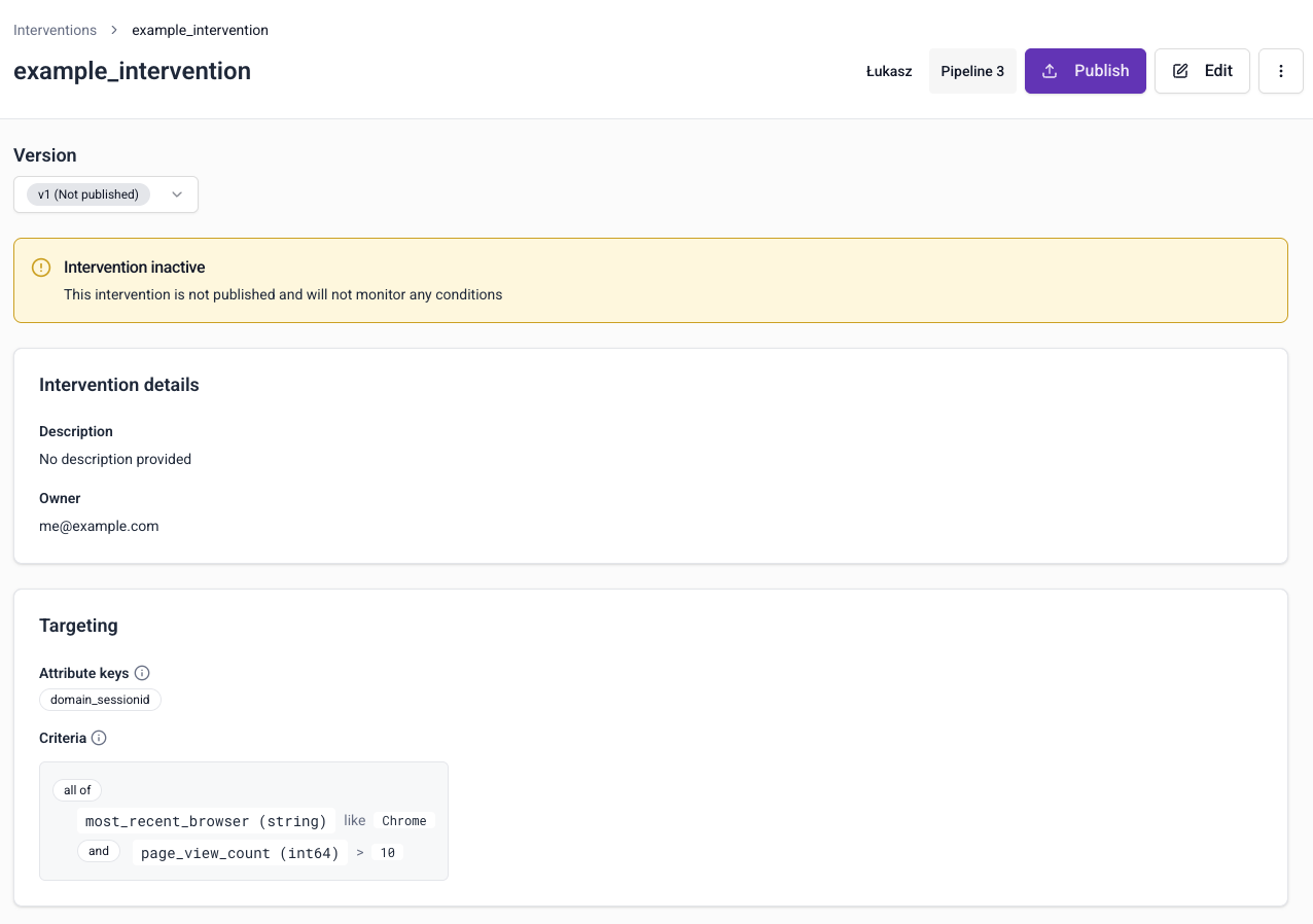 Draft intervention page showing Edit and Publish buttons