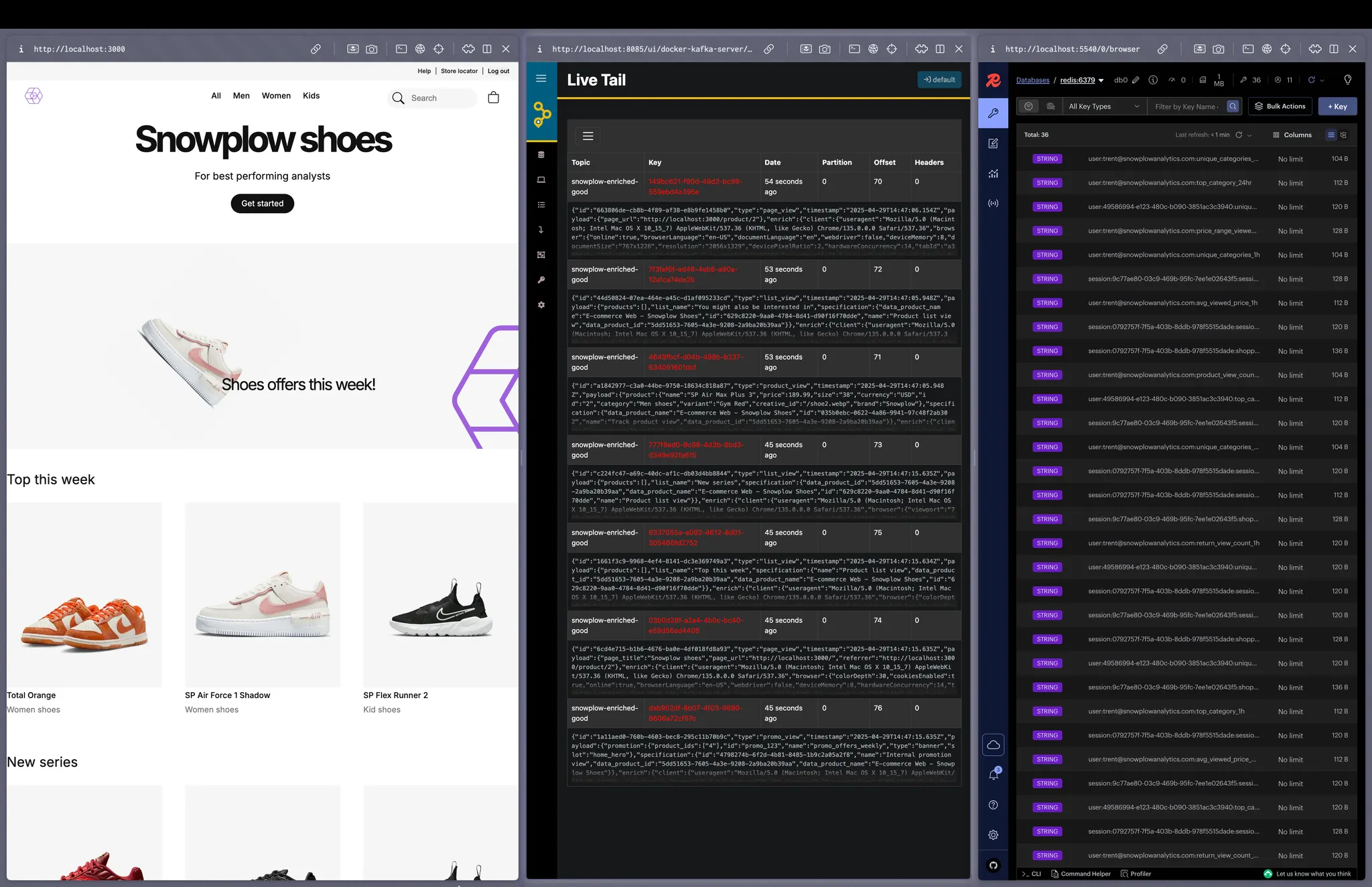 Three panel screenshot showing ecommerce store and visualizations
